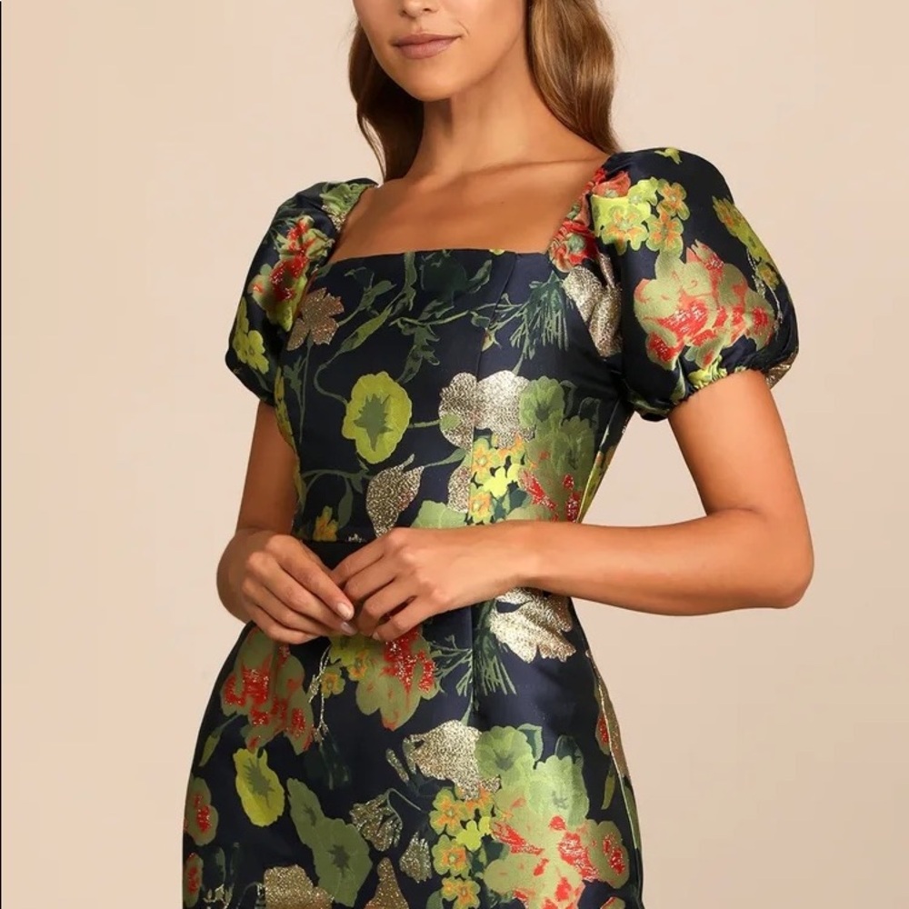 Navy Blue Floral Jacquard Puff Sleeve Mini Dress